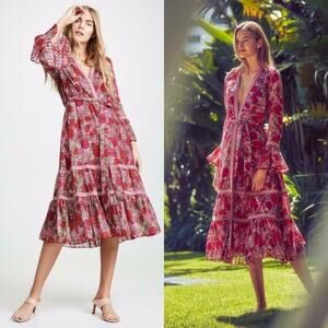 Alexis Marcas Wrap Midi Dress Floral Tiered Skirt Size S